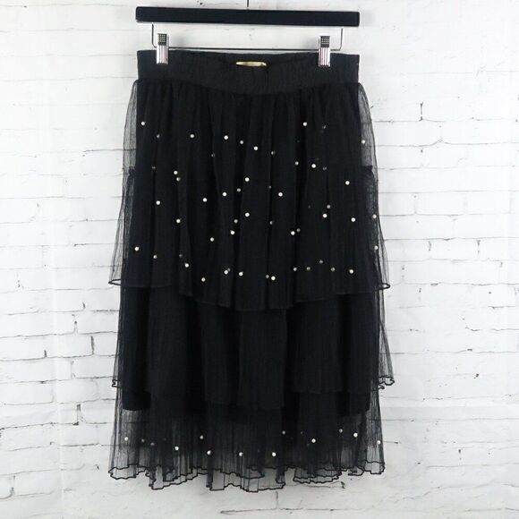 METRO WEAR BLACK LAYERED TIERED MIDI SKIRT WITH PEARL ACCENTS SIZE SMALL - Picture 1 of 7